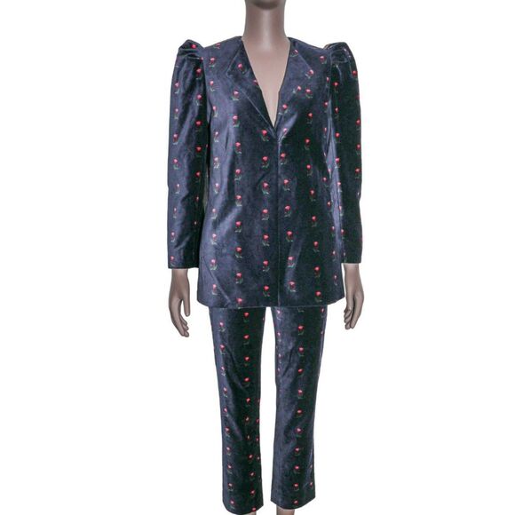 Something Navy Floral Velvet 2 Piece Suit Women’s Blazer Pants Set XS - Picture 1 of 5